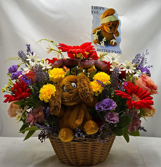 Get Well Floral Centerpiece with Cute Dog/Lift Someones Spirit W/This Charming Gift/Chase Away the Blue sand Make Someone Smile/Colorful