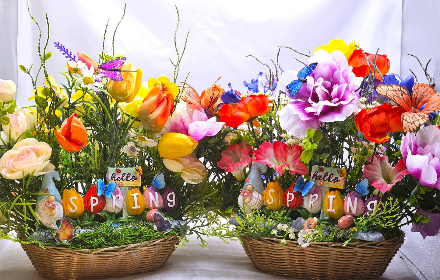 Winter Blues? Welcome Spring Flower Arrangement w/Bright Spring Flowers and Lucky Gnomes, Two Options in Oval Wicker Basket/Great Gift/Decor