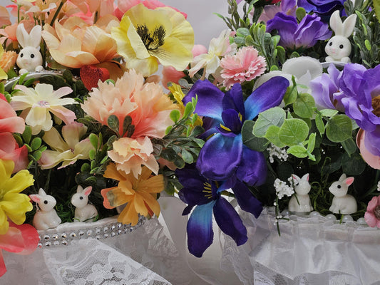 Silk Flowers/Small Satin/Lace Baskets/2 Options/Bunnies w/Peach/Yellow or Peach/Blue Pansies/Roses/Other Flowers/Greenery.Crystals/Pearls/