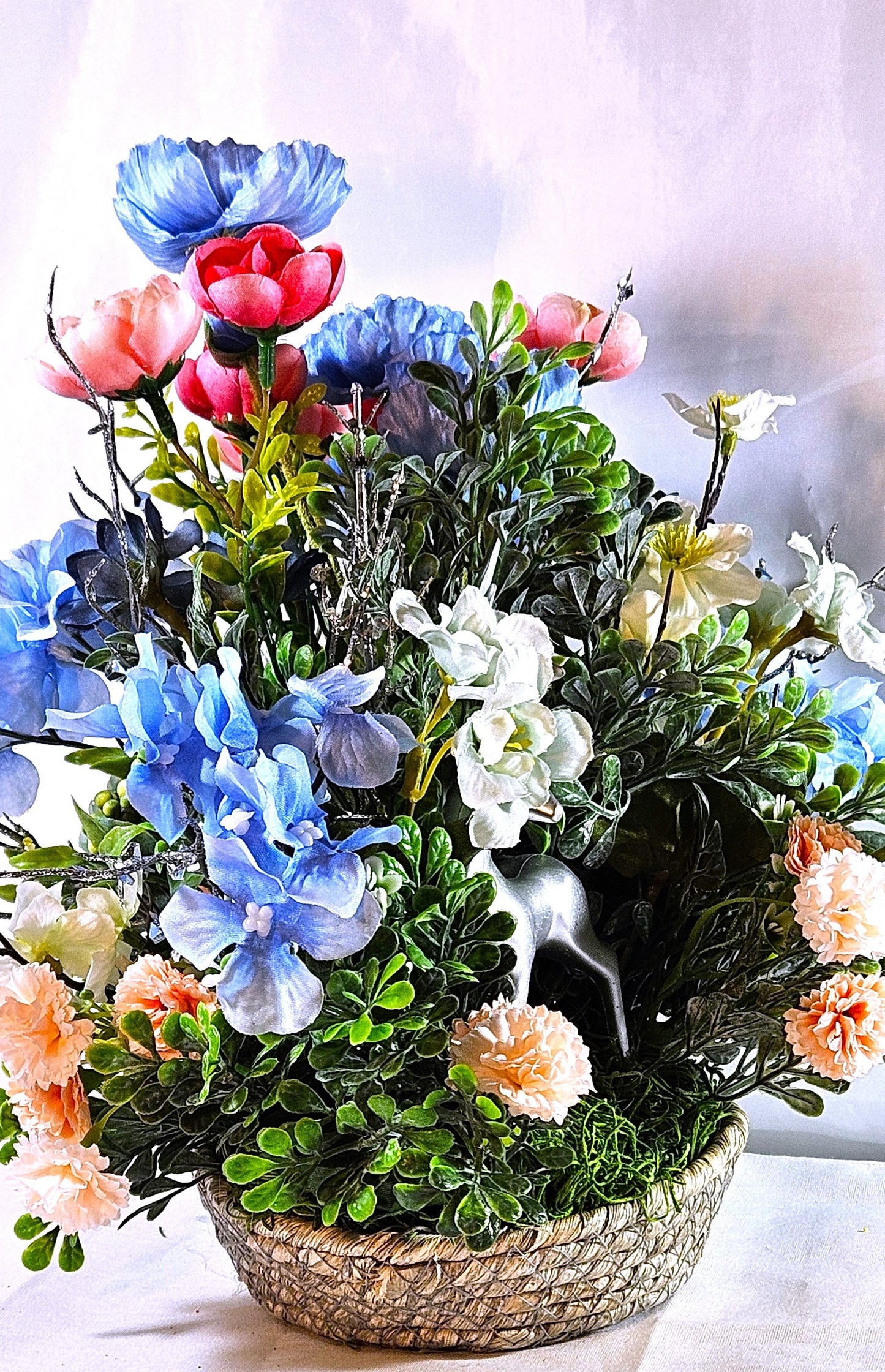 Floral Arrangement with Majestic Deer Amongst Blue/Pink or Orange/Peach Flowers, 2 Deer Options