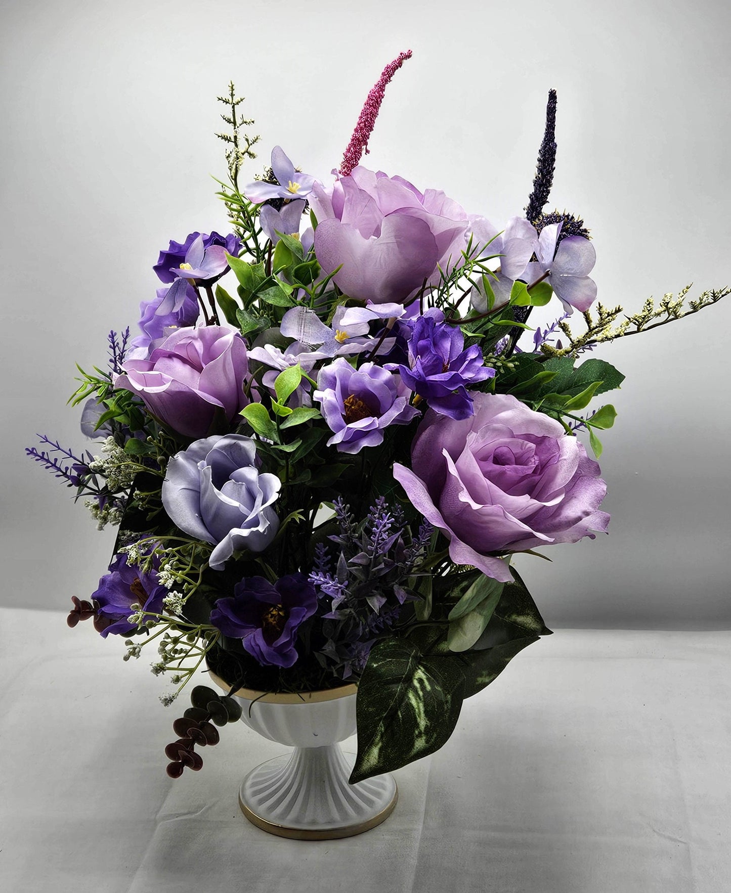 Lilac Rose and Baby's Breath Centerpiece in Footed Dish - Sophisticated Table Accent, Great for Mother's Day or Hostess Gift