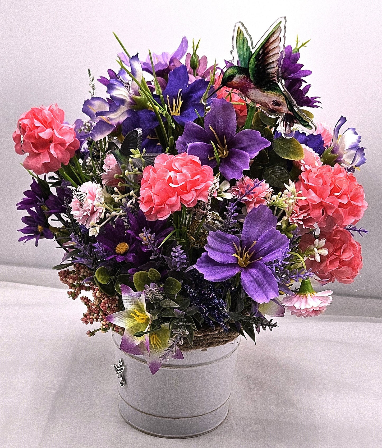 Hummingbird Flower Arrangments, 2 Options, Hummingbird Lover Creations in Yellow/Peach or Piink/Purple Floral Colors, Lots of Hummingbirds
