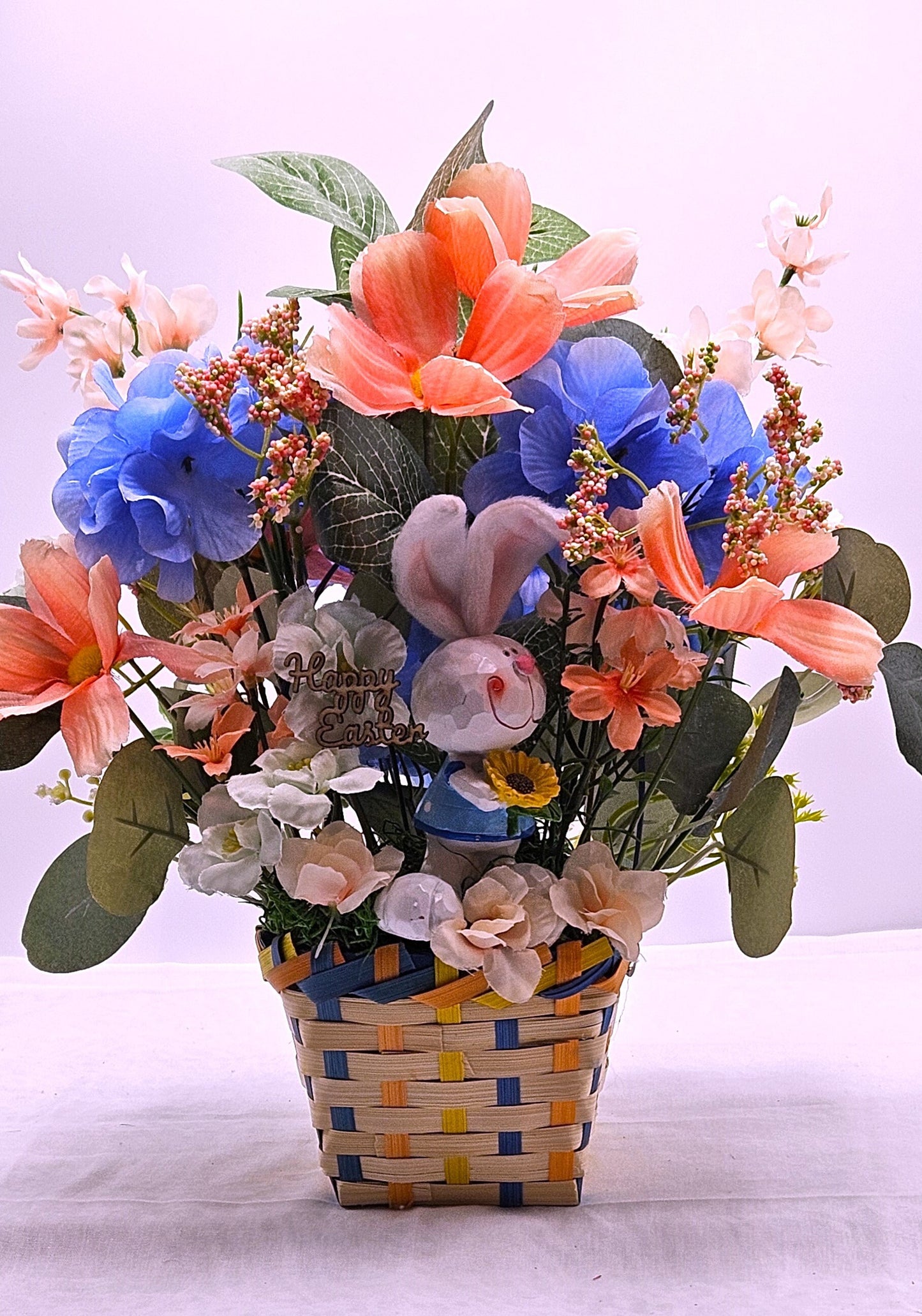 Cheerful Easter Bunnies with Spring Blooms in Easter Basket - 3 Options