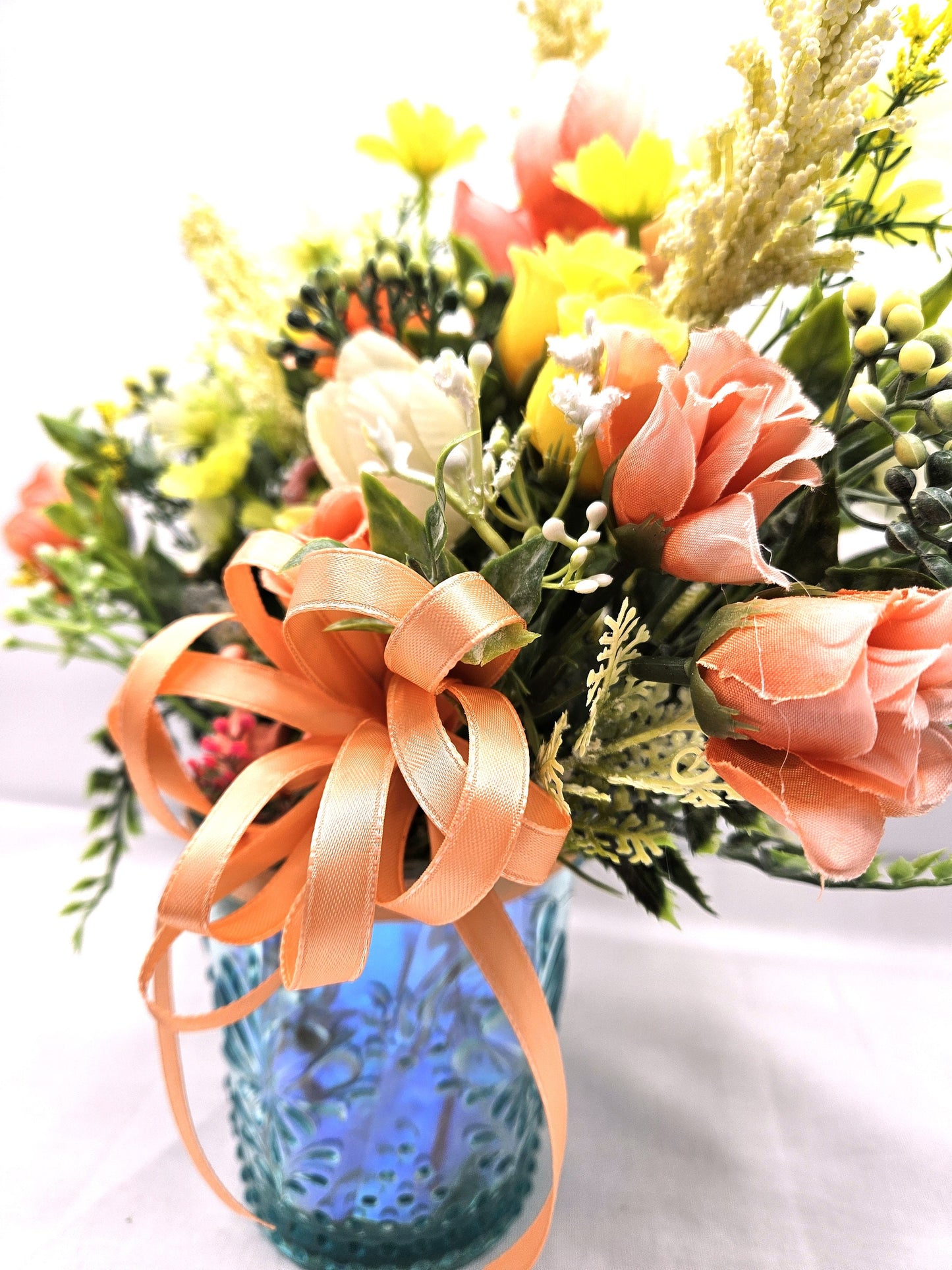 Flamingos Set in Blue Ribbon Deco Glass with Peach/Yellow/cream Colored Flowers/ Peach Bow, Flamingo Lover Gift, Gift for Her, Animal Lover