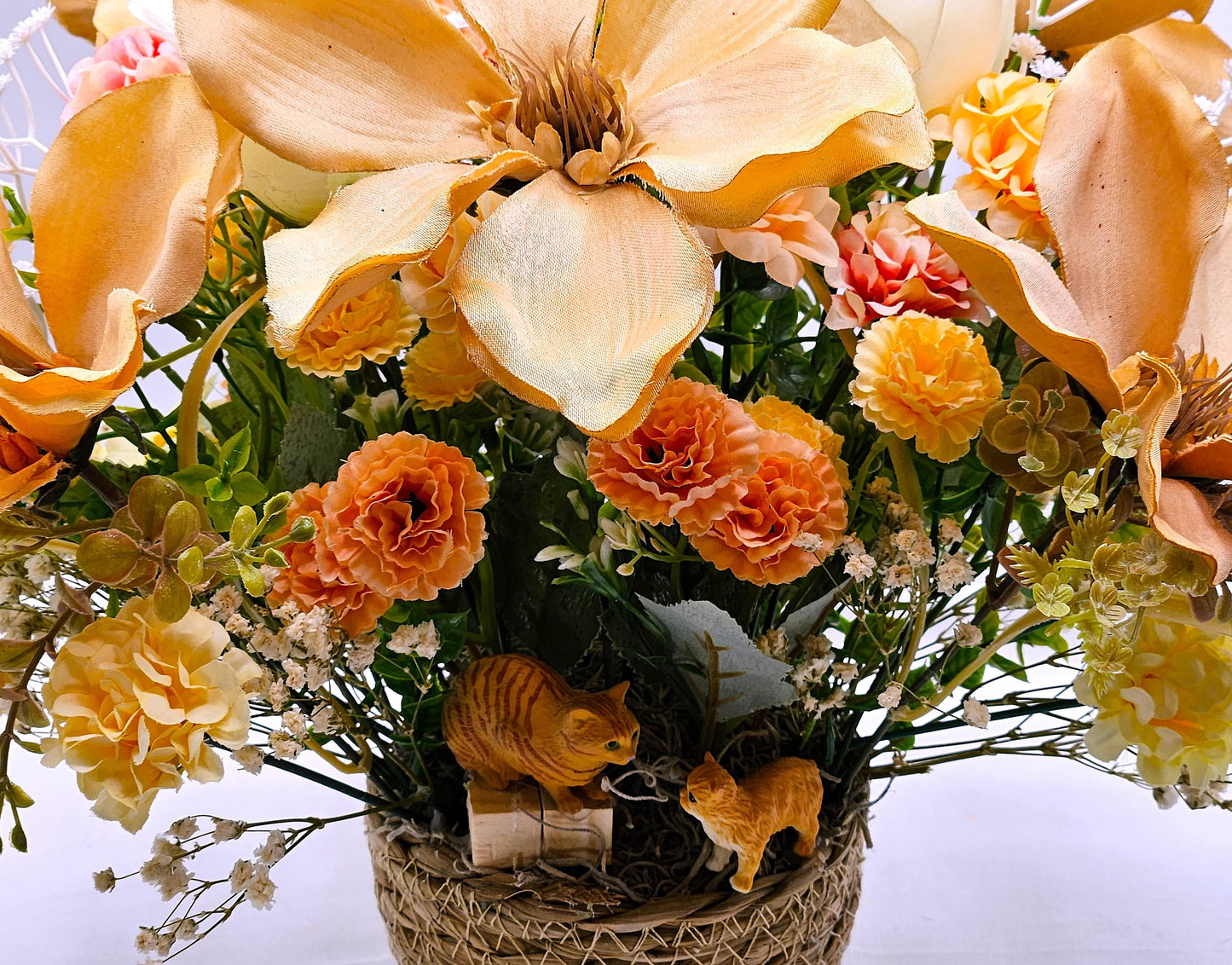 A Purr-fectly Stunning Floral Arrangement w/2 Tabby Tan Cats at the Front of Tan Magnolias/White Roses/Other Florals/Baby's Breath