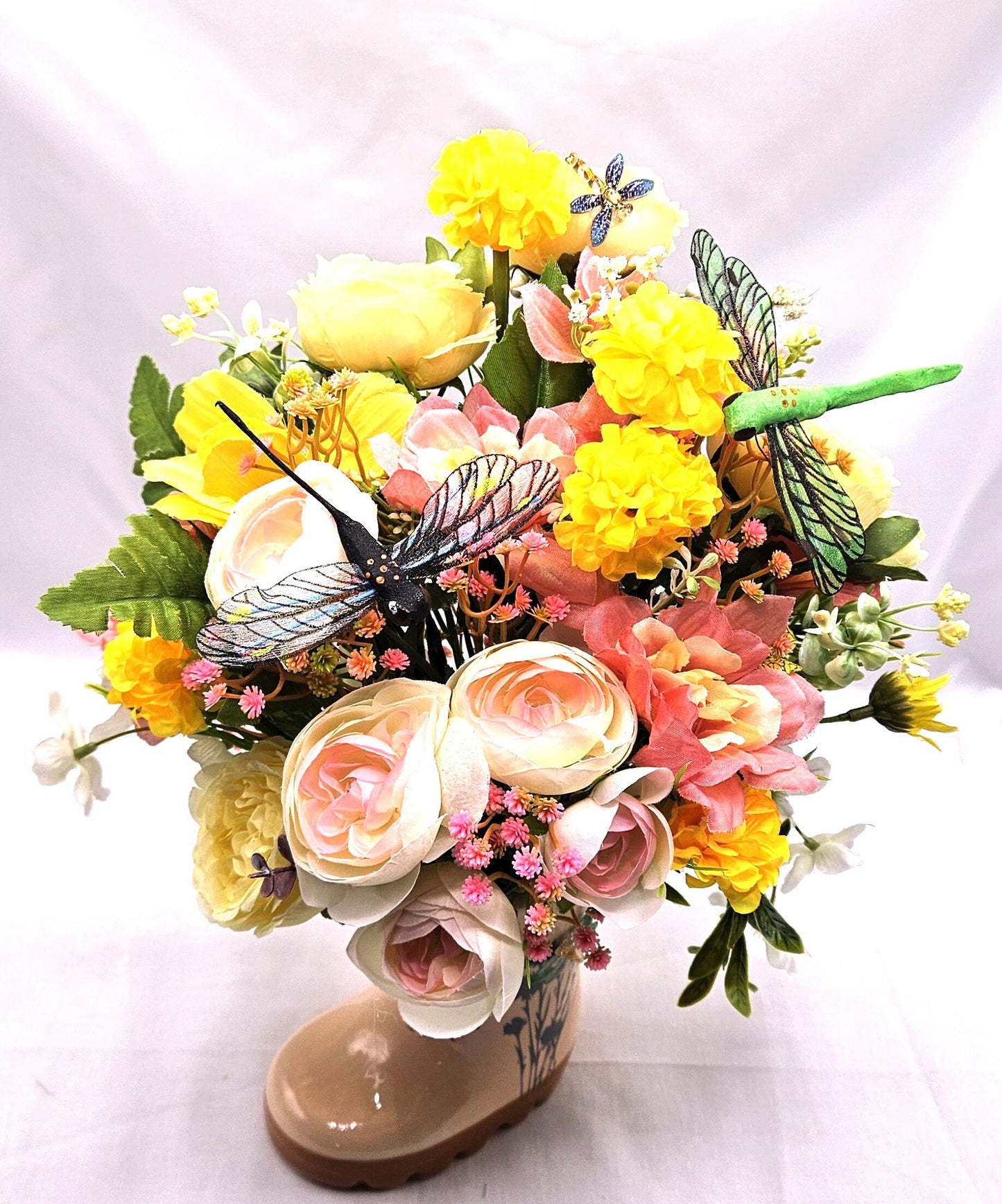 Rainboot Flower Arrangement  Dragon Fly in yellow/peach Colors, Great Gift for Her, Birthday Gift, Great for the DragonFly Lover