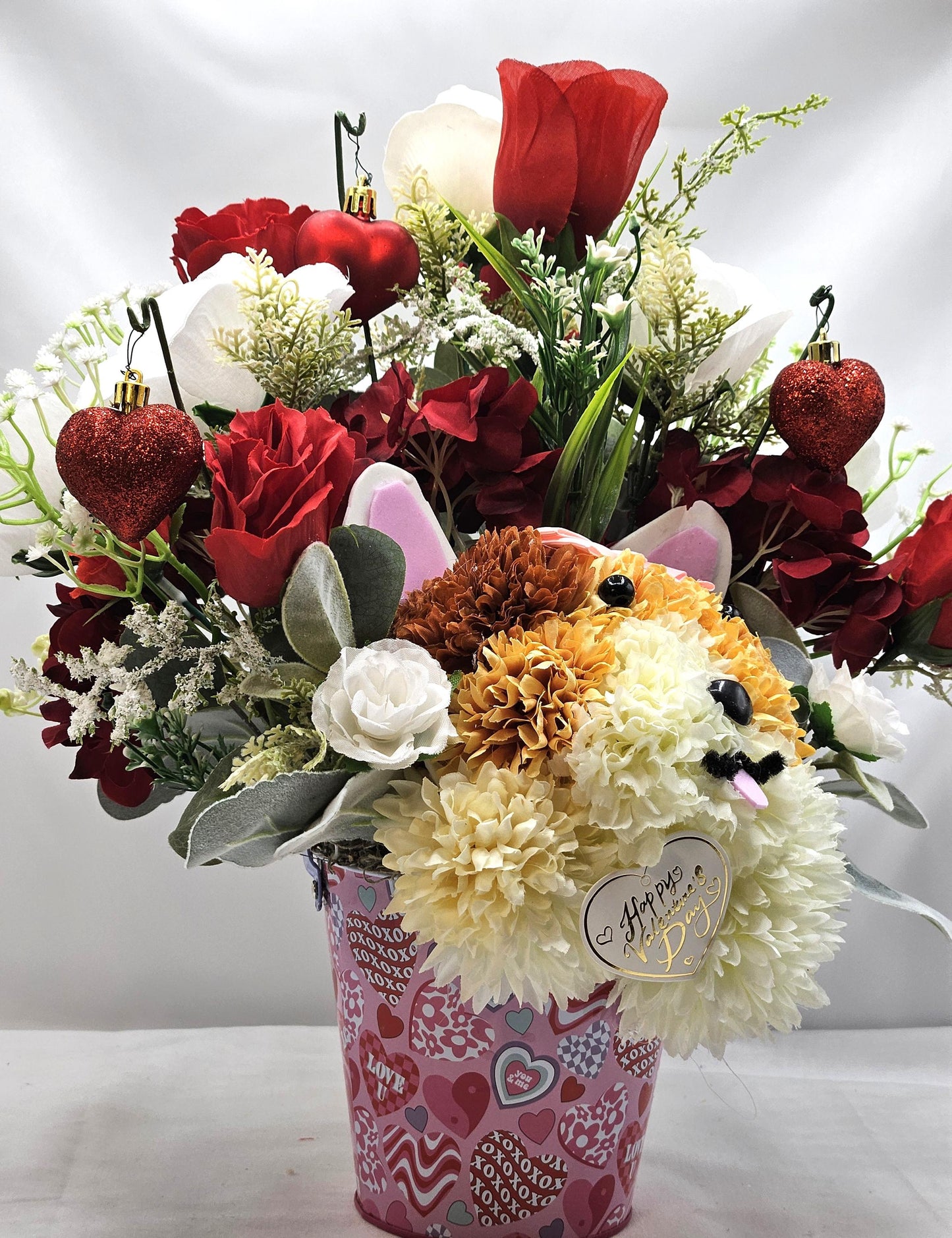 Handmade Carnation Mum Dog in Rose Garden, Red Roses, Greenery, Hearts, Romantic Gift, Dog Lover, Sweetheart