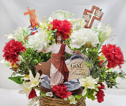 With God All Things Are Possible Flower Centerpiece Featuring Jesus Rising Within A Floral Garden of Lilies/Carnations/Added Cross Signs