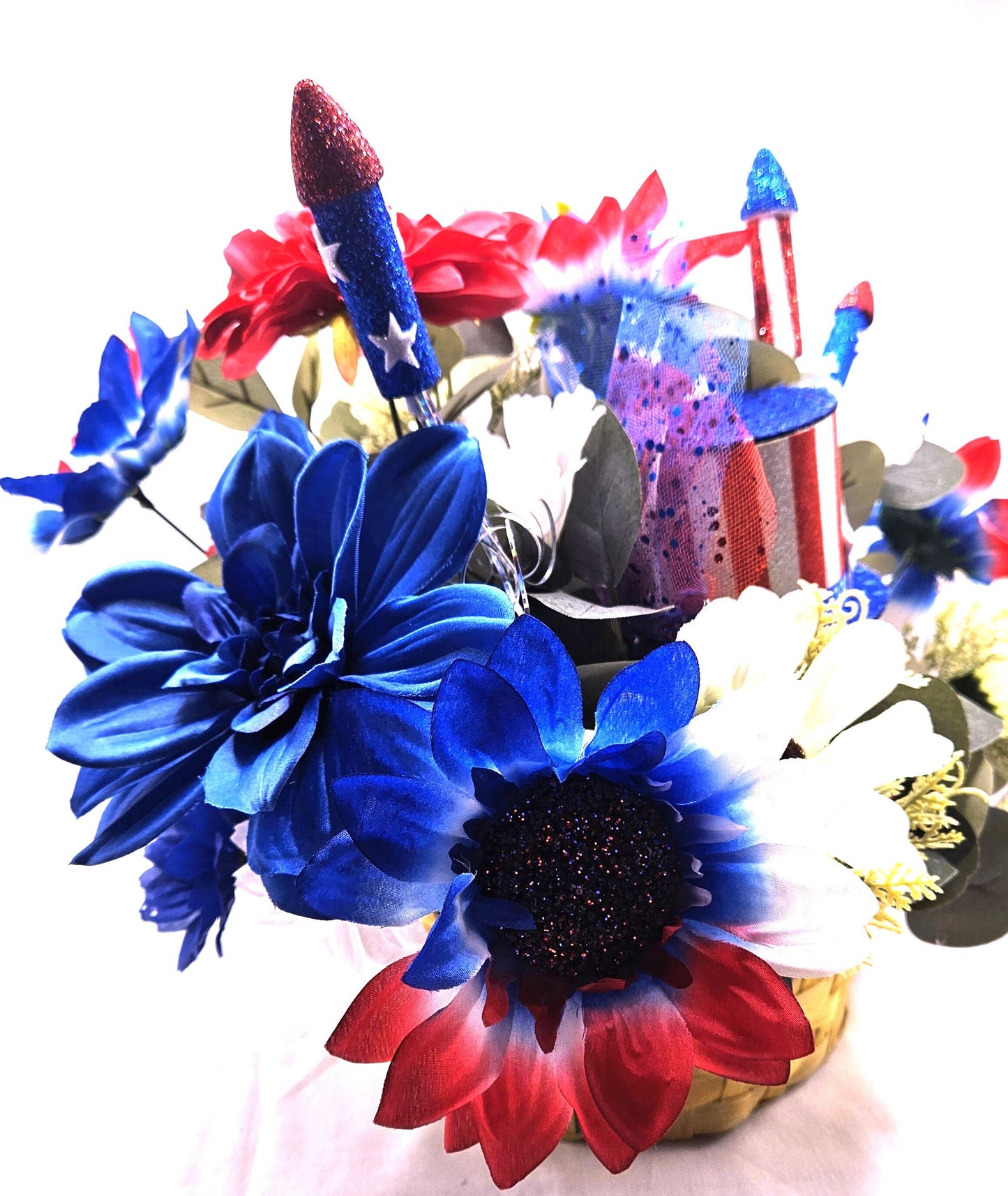 God Bless America Flower Arrangement, Patriotic Floral Sign, Red/White/Blue Top Hat, Daisies and Other Flowers, Fireworks, Stars