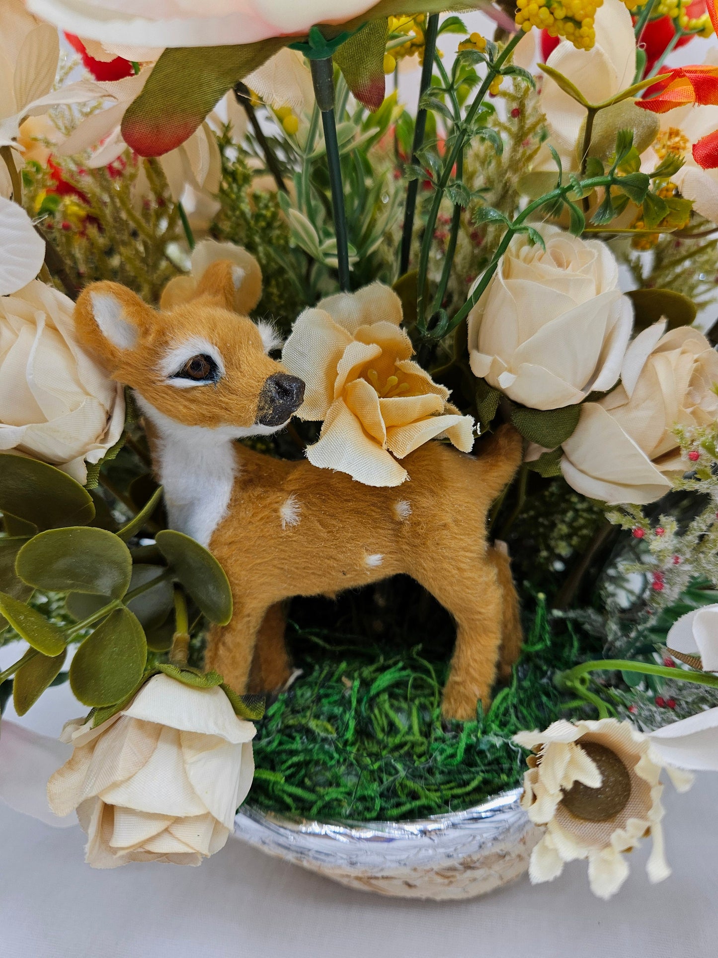 Natural Woven Basket Flower Arrangement with Flock Deer amidst Spring WildFlowers of Roses, Hyacinths and More, Gift for Her/Deer Lover