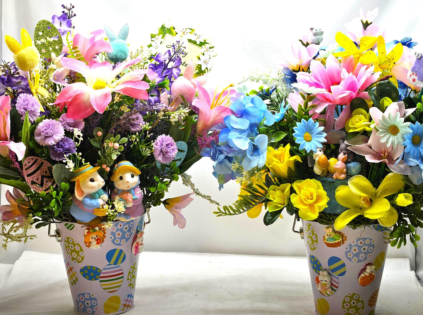 Whimsical Easter Centerpieces/Egg-Decorated Pail, 2 Options, A Ciute Rabbit Couple orr Bunnies in a Basket, Bunny/Egg Accents/Bright Florals