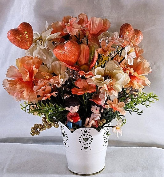 Romantic Centerpiece, Peach Flower Arrangement, Sweetheart Couple, Love Flower Arrangement