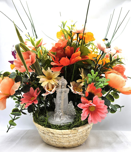 Flower Arrangement featuring a Crystal-Like Lighthouse, Yellow/Peach Wildflowers, Owl/Bird Accents/ Great Tropical Gift or Home Decor