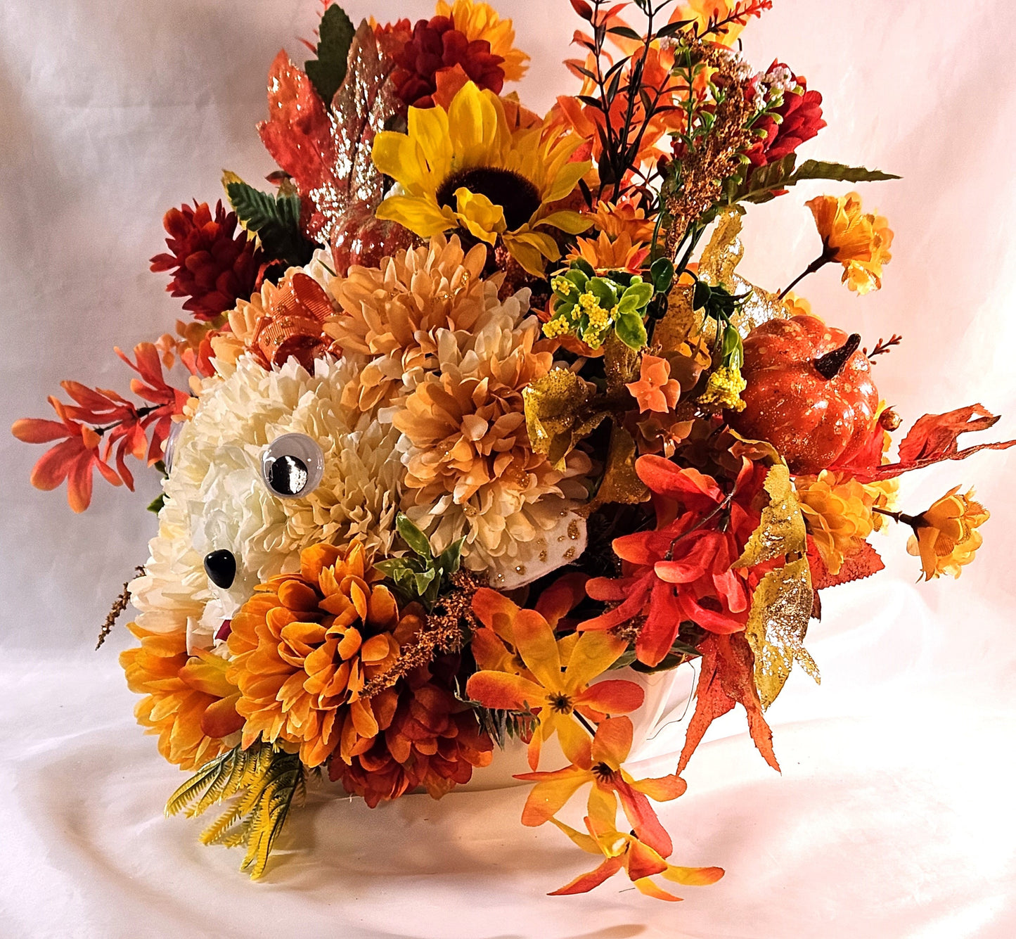 Flower Arrangement Featuring Handmade Carnation and Mum Flower Floppy-Eared Dog with Pumpkins, Mums, Pinecones/other Fall Flowers
