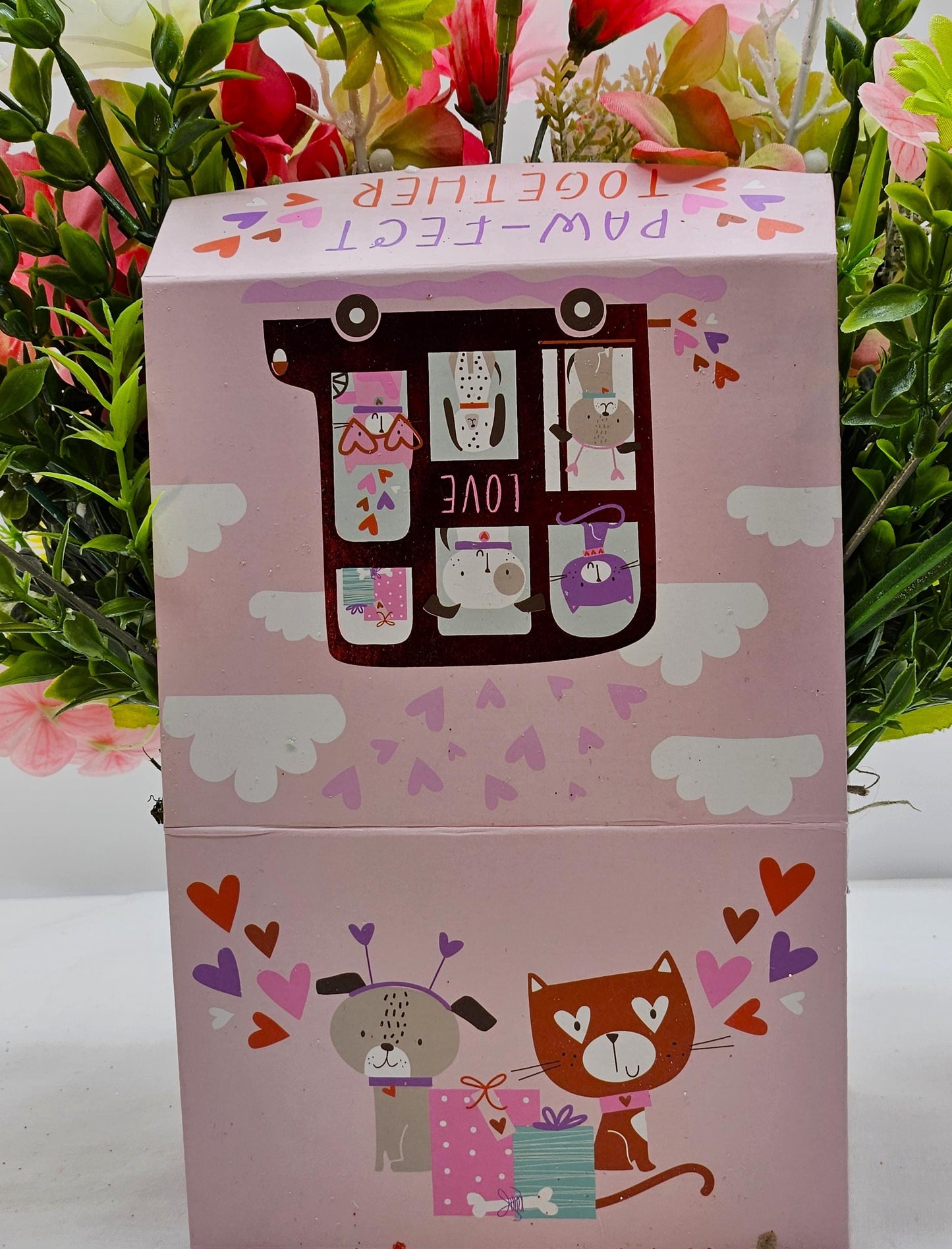 Paw-Fect Togethe Romantic Floral Gift in Decorated Box, Puppy Figures/Hearts/Pink/Green Flowers/White Glitter Accents/Love Gift