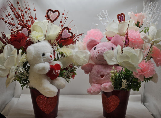 Love Teddy Bear or Flying Pig Floral Centerpiece, Roses Carnations Magnolias, Glittery Hearts, Home Decor, VALENTINE