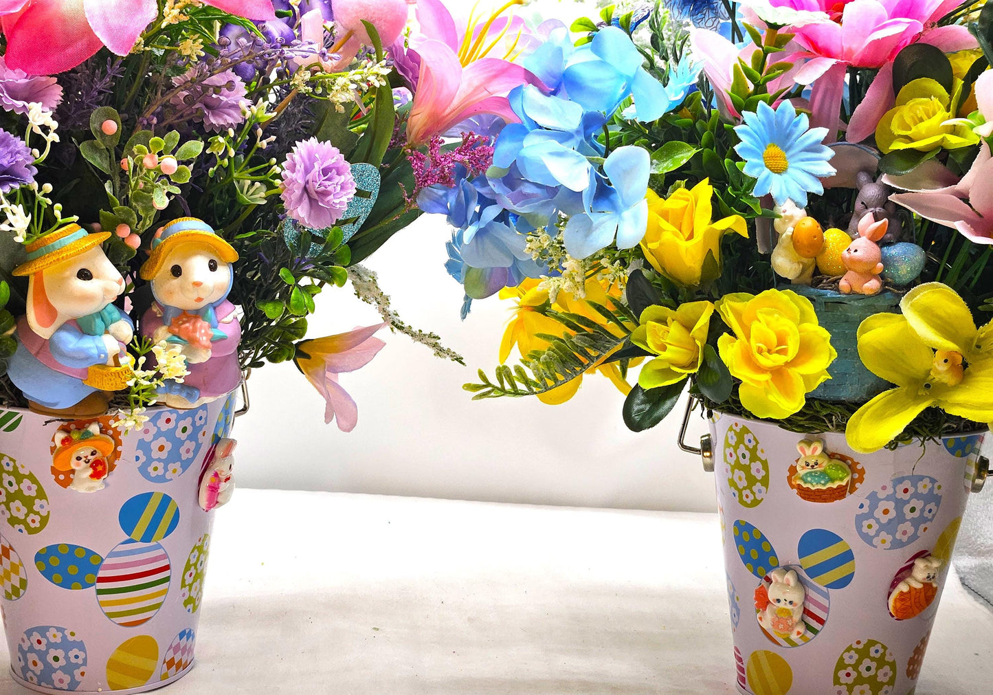 Whimsical Easter Centerpieces/Egg-Decorated Pail, 2 Options, A Ciute Rabbit Couple orr Bunnies in a Basket, Bunny/Egg Accents/Bright Florals