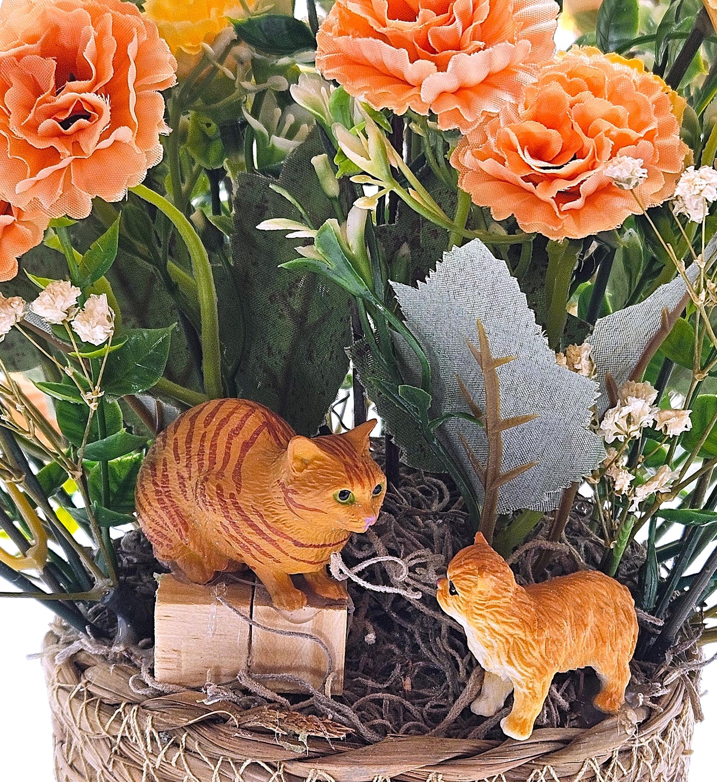 A Purr-fectly Stunning Floral Arrangement w/2 Tabby Tan Cats at the Front of Tan Magnolias/White Roses/Other Florals/Baby's Breath