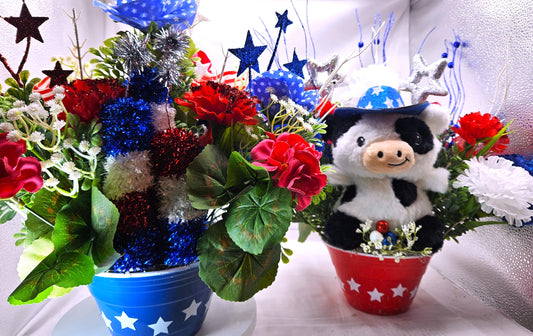 Great American Pride/Patriotic Floral Arrangements/2 Options/FireCracker or Cowboy Cow/Red/Whte/Blue Flowers/Stars Other Patriotic Accents