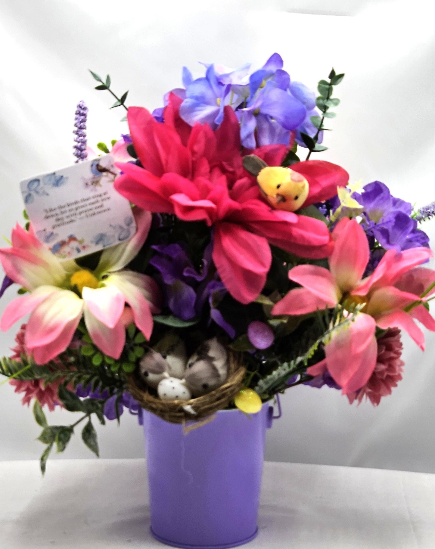 Flower Arrangement with Message to Greet Each New Day With Praise and Gratitude, Birds Throughout the Garden, Bird Lover Gift