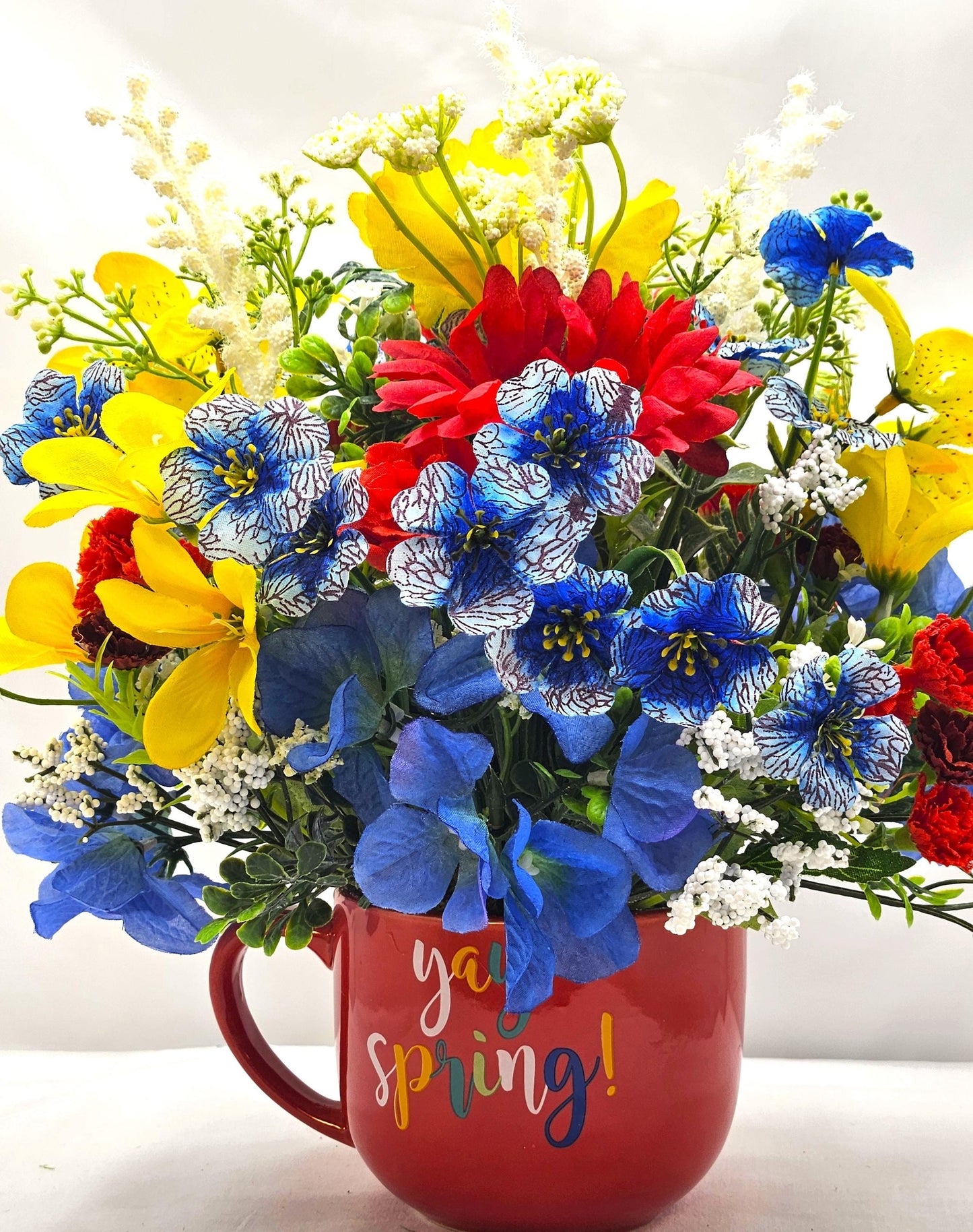 Yay, Spring is Sprung, Floral in Red Ceramic Mug, Cheery Bird Sits in Front of Vibrant Red/Yellow/Blue Spring/Summer Flowers/Decor/Gifting