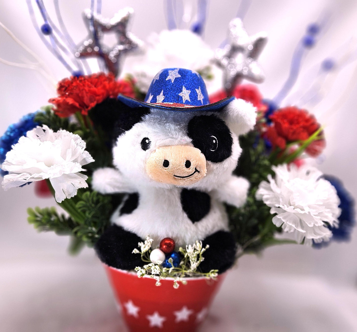Great American Pride/Patriotic Floral Arrangements/2 Options/FireCracker or Cowboy Cow/Red/Whte/Blue Flowers/Stars Other Patriotic Accents