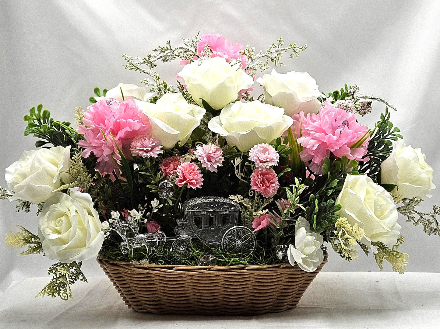 Crystal-Like Horse and Buggy, Princess Carriage, Floral White Roses, Pink Carnations, Sparkle Accents, Bridal Decor