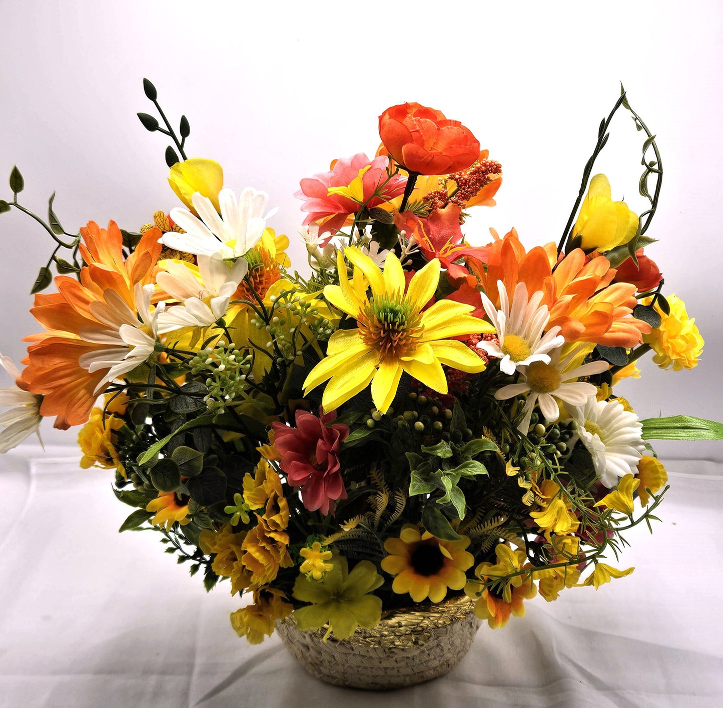 Flower Arrangement Set in Woven Basket, Boy with Cat and Turtle Figurine, Vibrant Yellow/Orange/White Flowers, Home Decor