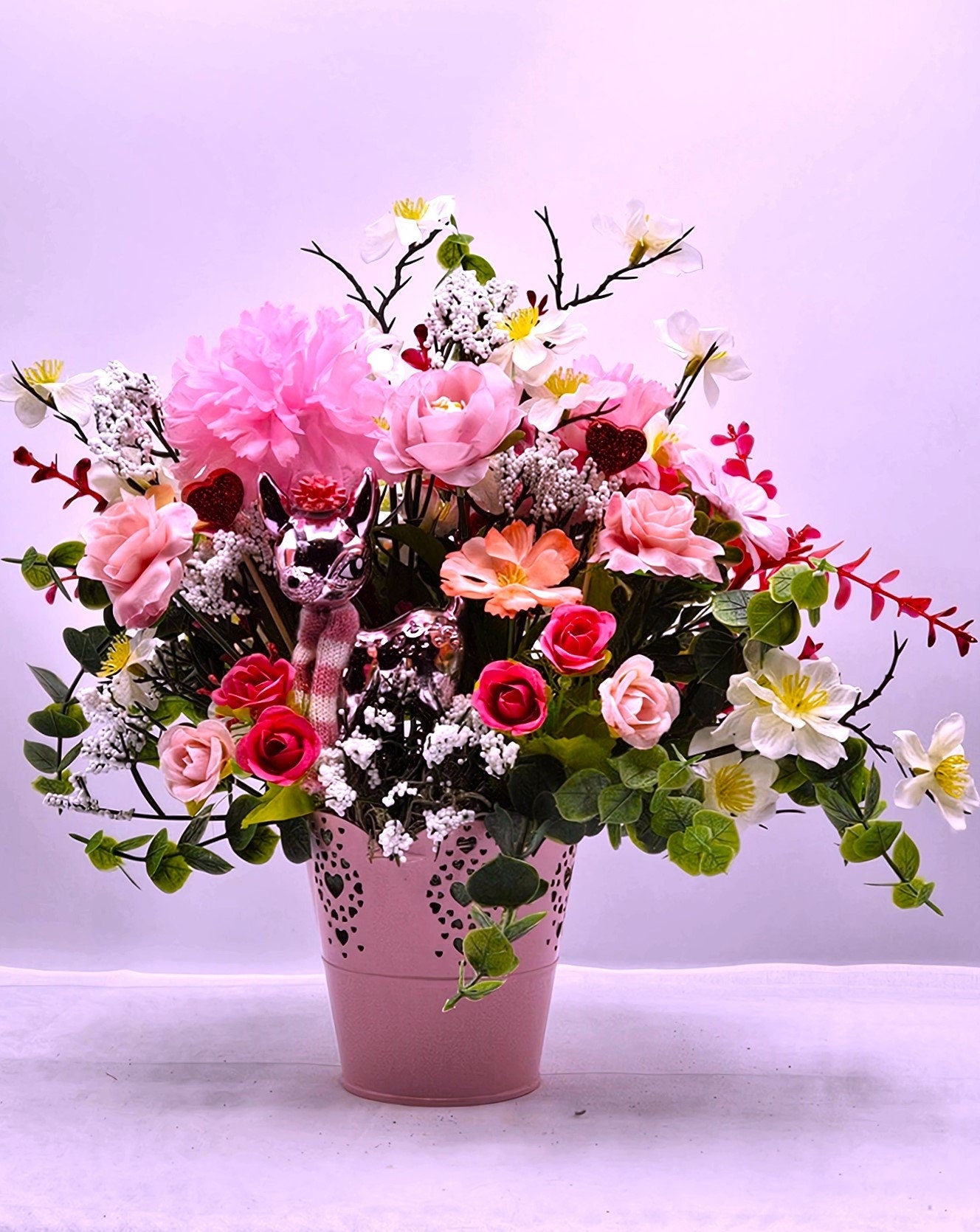 Romantic Flower Arrangement, Cute Pink Love Deer, Sweetheart Pink/White Flowers in Pink Scalloped Pot