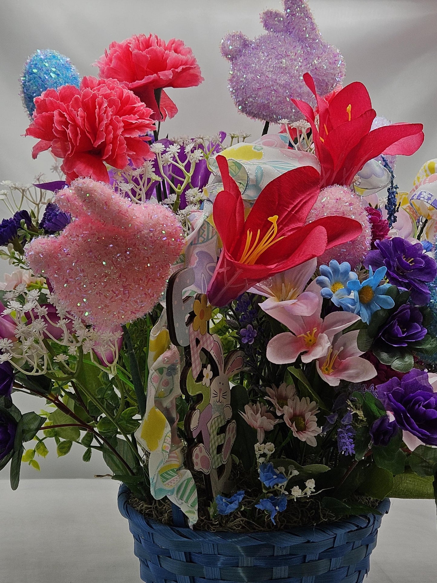 Elegant Lovely Easter Basket Adorned w/Glitter Bunnies, Eggs, Pretty Ribbon/Multi-Colored Lilies/Daisie/Other Spring Flowers/Easter Sign