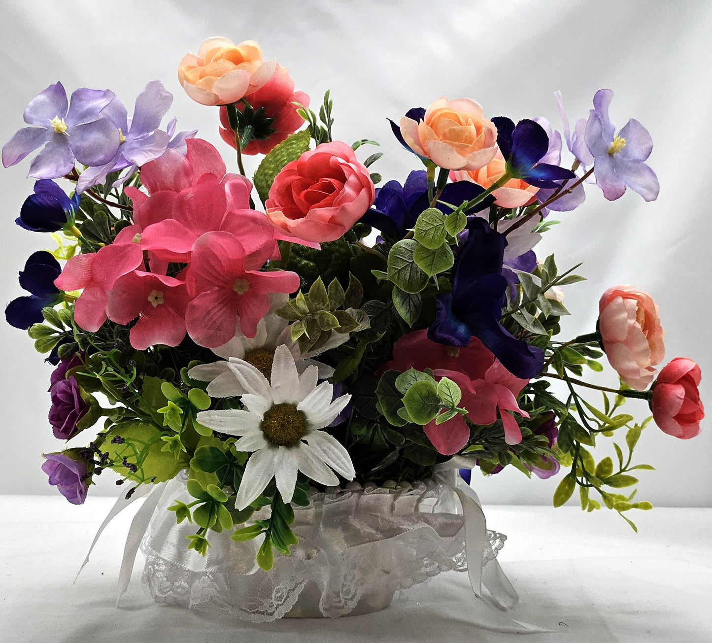 Silk Flowers/Small Satin/Lace Baskets/2 Options/Bunnies w/Peach/Yellow or Peach/Blue Pansies/Roses/Other Flowers/Greenery.Crystals/Pearls/