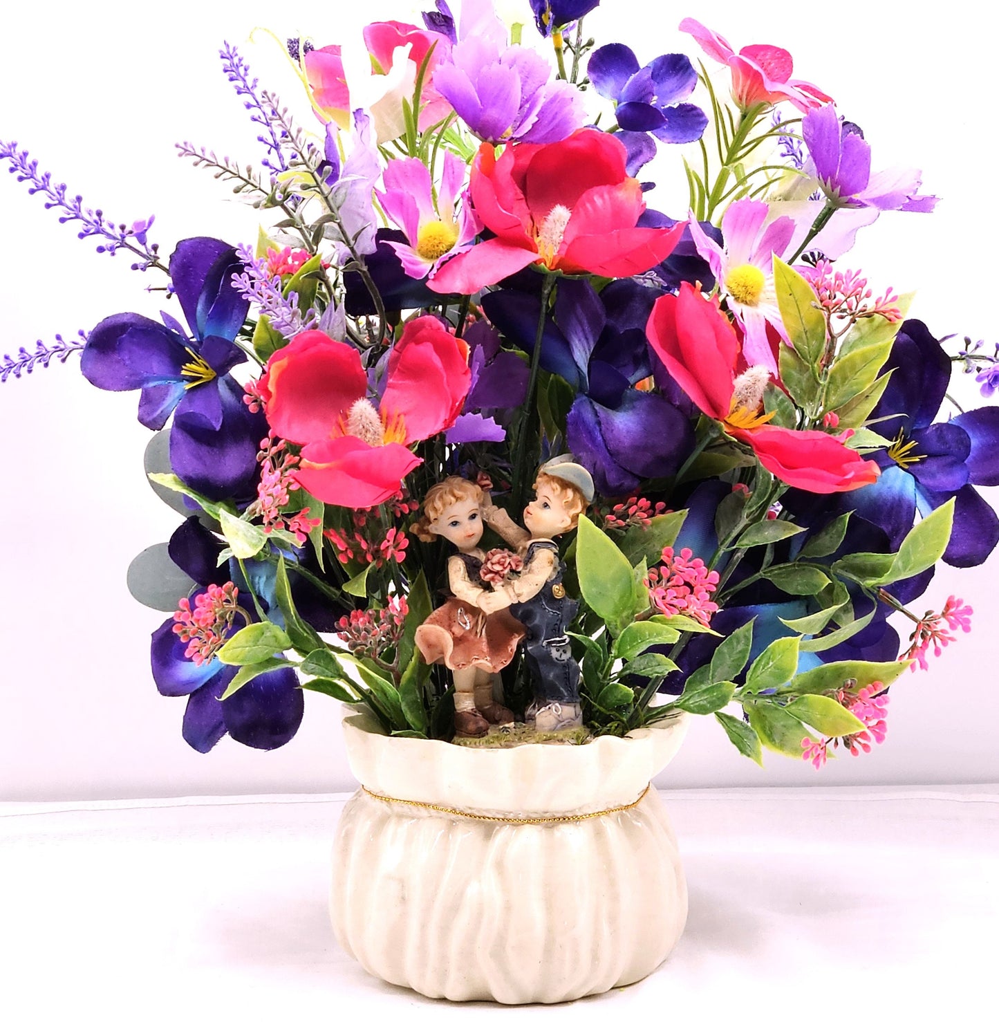 Vintage-Inspired Girl/Boy Figurine in Vibrant Purple Floral Arrangement on Gold-Trimmed Cream Ceramic Pot, Gift for Her/Home