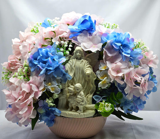 Floral Centerpiece/Guardian Angel With Little Children Amidst A Garden Of Pink And Blue Hydrangea Flowers/Greens/Baby's Breath/Lovely