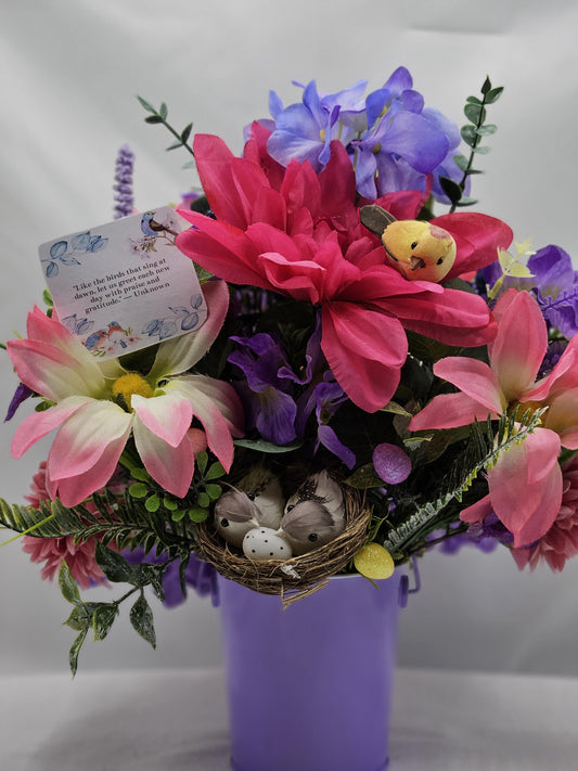 Flower Arrangement with Message to Greet Each New Day With Praise and Gratitude, Birds Throughout the Garden, Bird Lover Gift