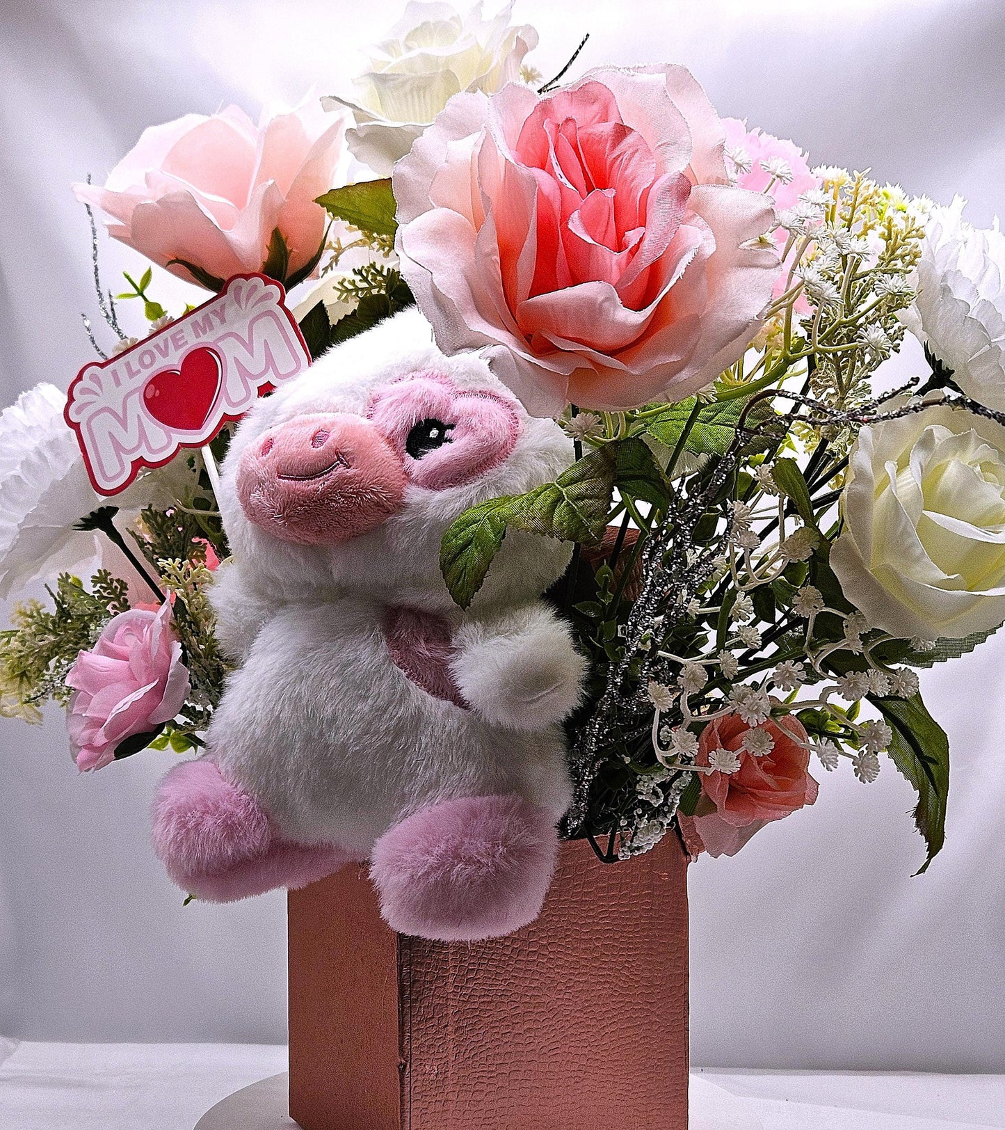 Gift Box of Flowers, Cute Pink/White Cow w/sign I Love My Mom Sign Amidst Elegant Carnations/Roses in Box, Great Gift Idea for any Occasion