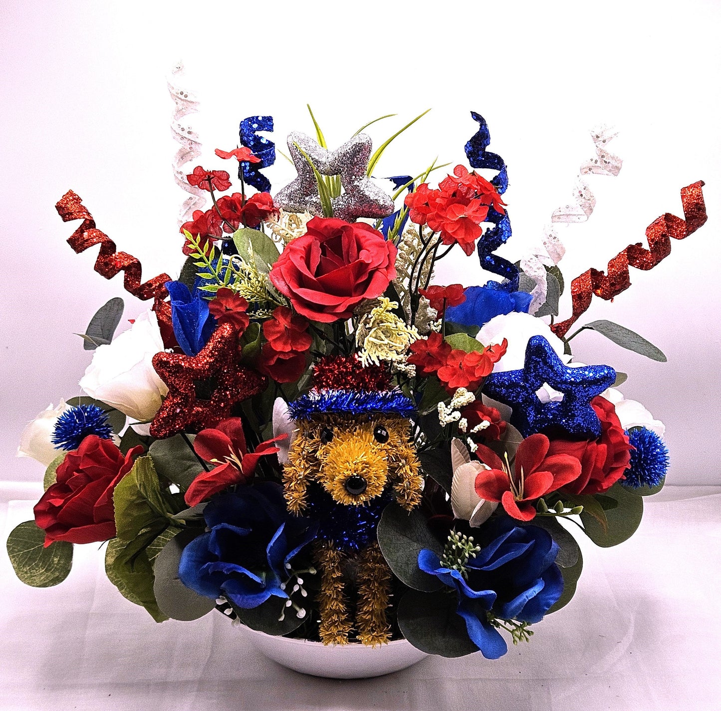 Patriotic Dog Floral Arrangement, Red White Blue Decor, Glittery Stars, Roses or Carnations, 2 Choices