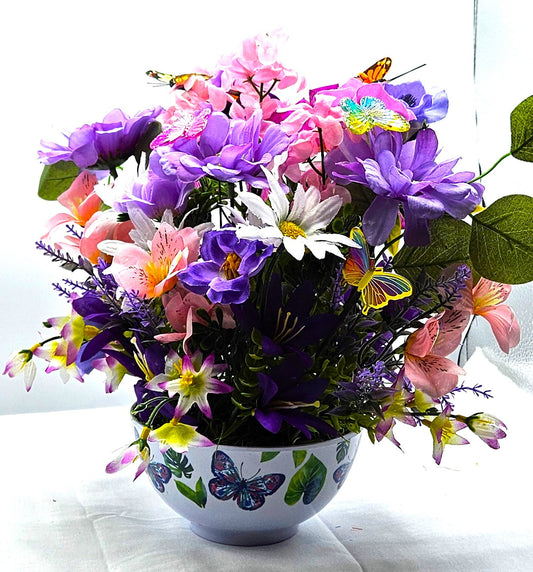 Bowl of Flowers for the Butterfly Lover,  Purple/Pink flowers, Several buterflies within the floral garden, Great Butterly Lover Gift