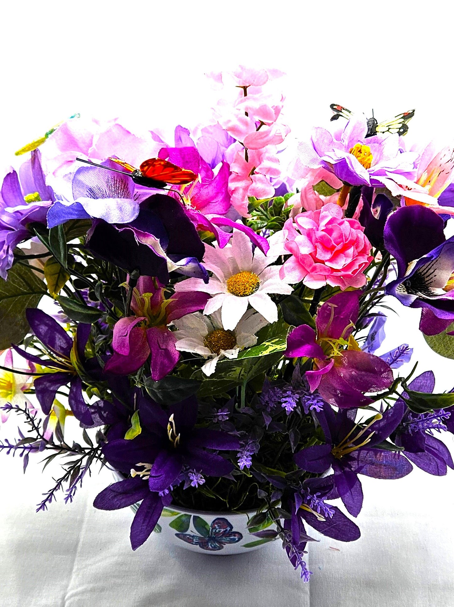 Bowl of Flowers for the Butterfly Lover,  Purple/Pink flowers, Several buterflies within the floral garden, Great Butterly Lover Gift