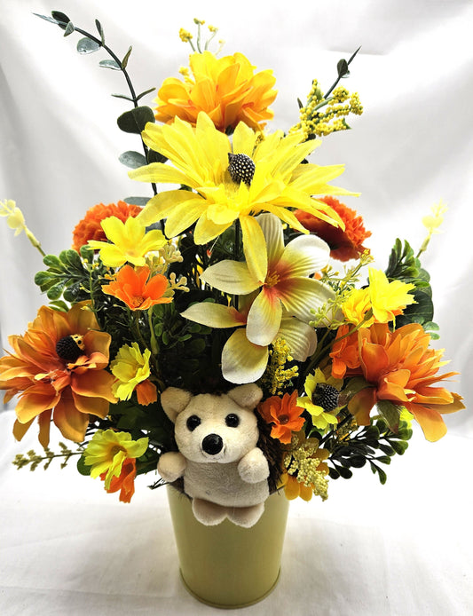 Cute Hedgehogs in a Bright, Vivid Cheerful Yellow floral Garden, A Plush Hedgehog Plus Smaller ones Scattered Throughout the Floral Piece