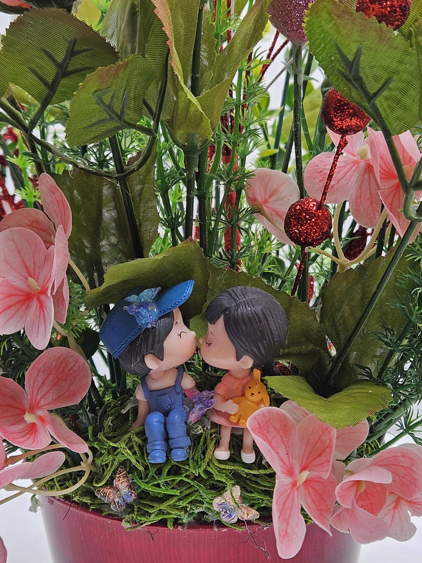 Romantic Flower Centerpiece with Pink and Red Roses, Kissing Couple, Valentine Decor, Butterflies, Hearts, Glitter Accents