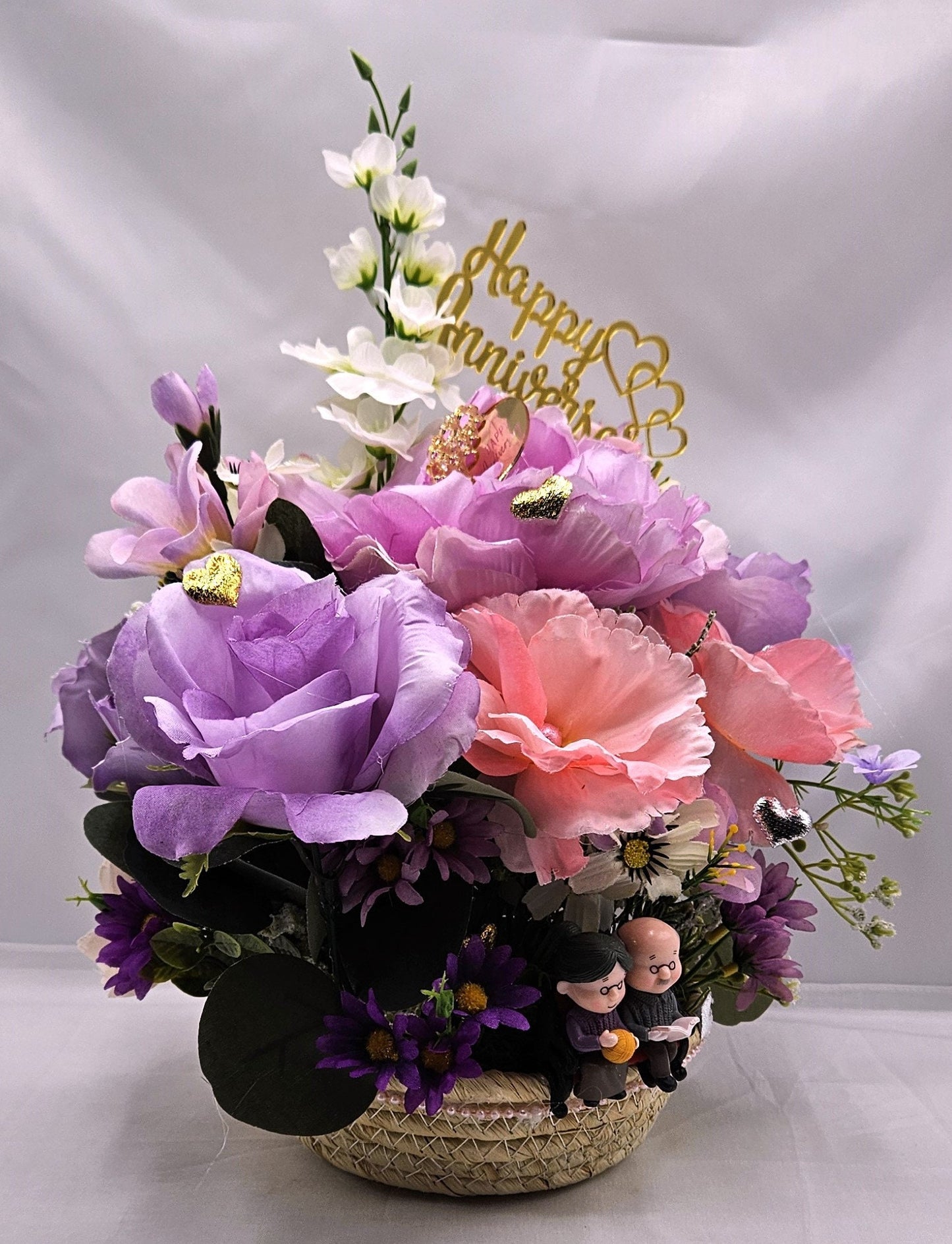 Grandparents, Parents  Happy Anniversary Flower Arrangement in woven basket, Grandma/Grandpa in Love, Roses/Romantic Accents/Lilac/Pink