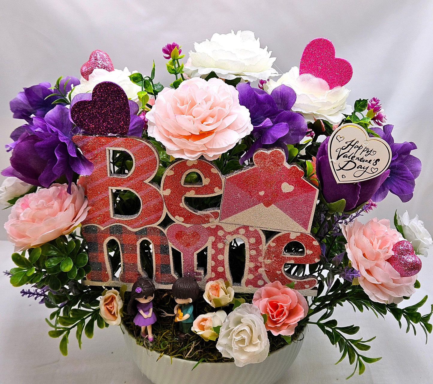 Romantic Bee Mine Card, Valentine Day Greeting, Pink Purple Greenery Scene, Couple in Love, Heart Flowers