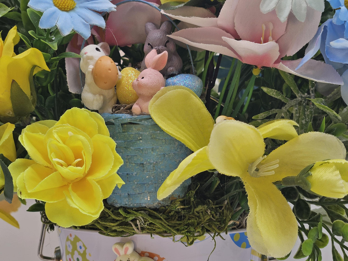 Whimsical Easter Centerpieces/Egg-Decorated Pail, 2 Options, A Ciute Rabbit Couple orr Bunnies in a Basket, Bunny/Egg Accents/Bright Florals