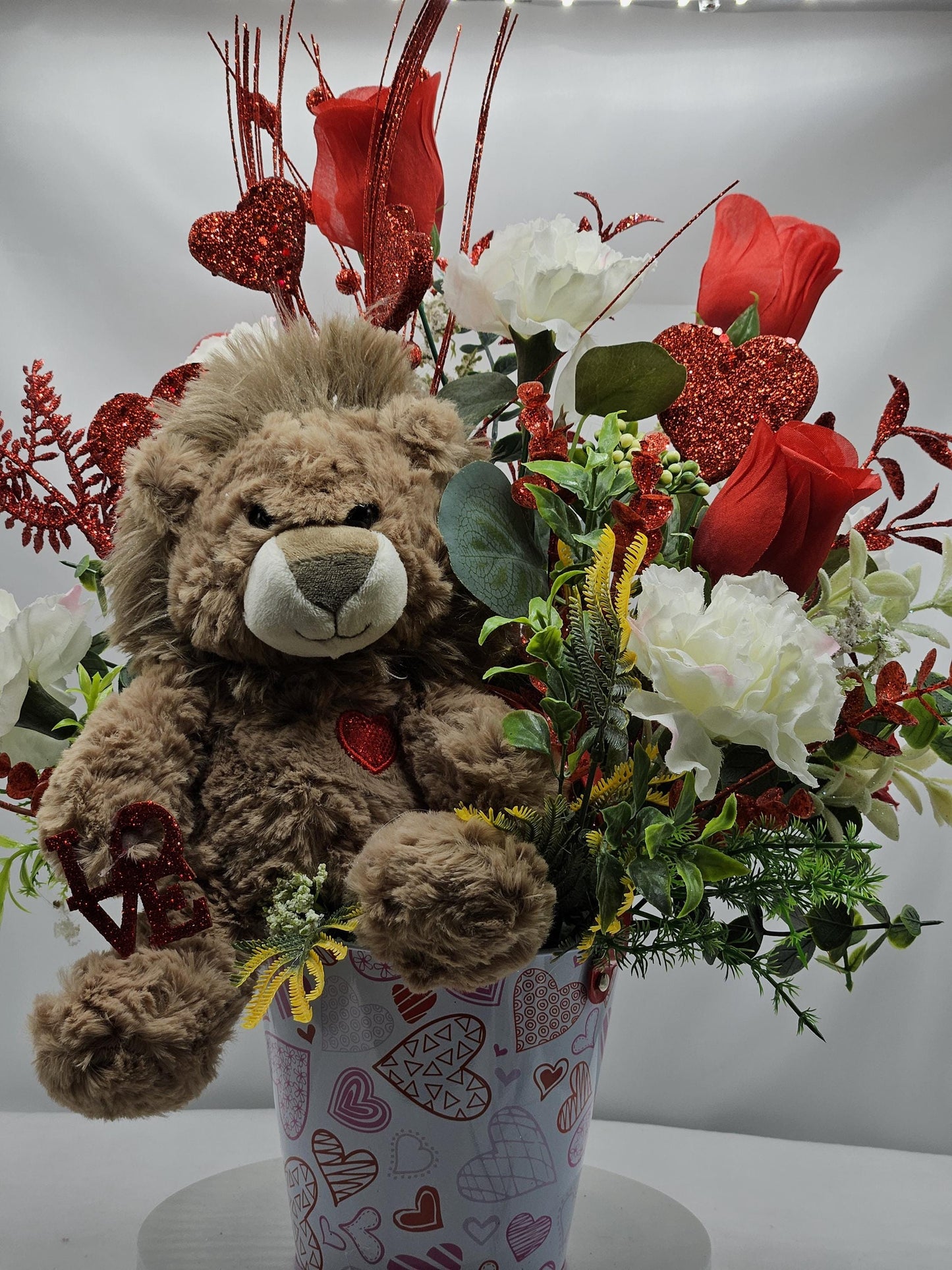 Lovable Lion or Gorilla with Red Roses, Romantic Floral Arrangement, Valentine Gift, Glittery Accents, Hearts Decor, Carnations
