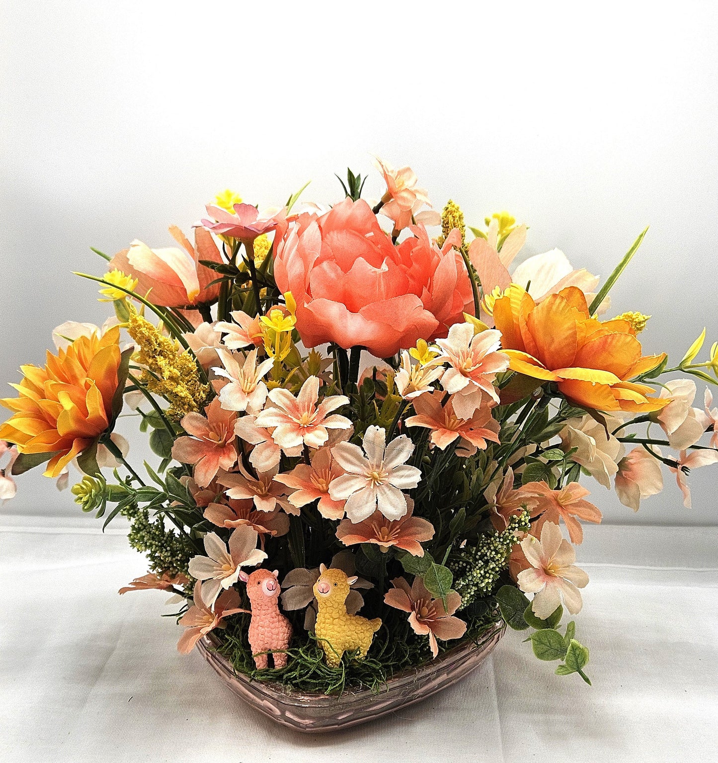 Charming Floral Arrangement in Heart-Shaped Dish, 3 Choices,  Pick from Bunnies or Llamas, Deer SOLD, Gift for Her, Any Occasion
