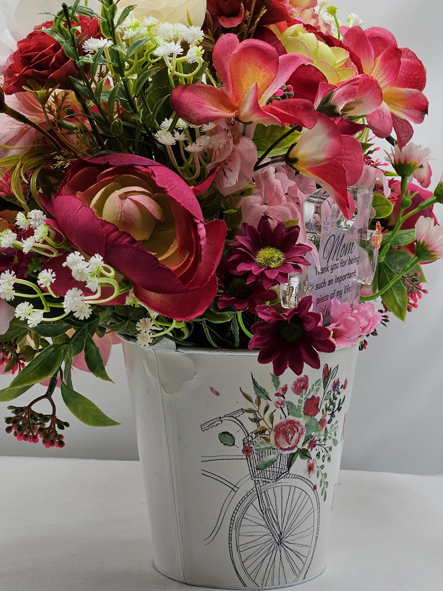 Mother's Day Inspirational Flower Tin - White Blooms in Vintage Tin, Thoughtful Gift for Her, Vintage Floral Tin with Acrylic Sign