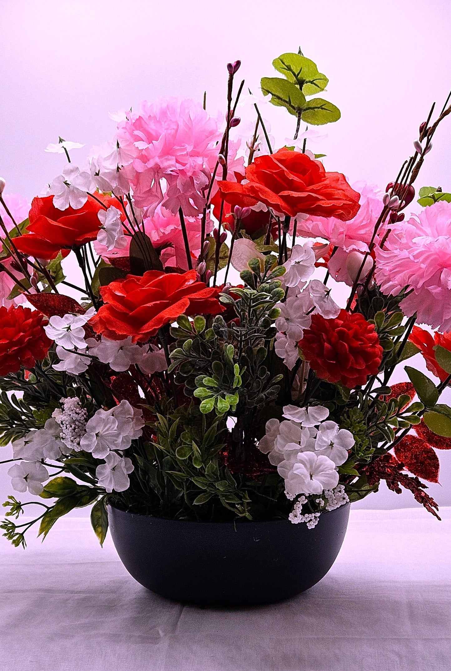 Romantic Centerpiece Sweetheart Bears, Bear Figures with Red Roses, Pink Carnations, Valentine's Gift