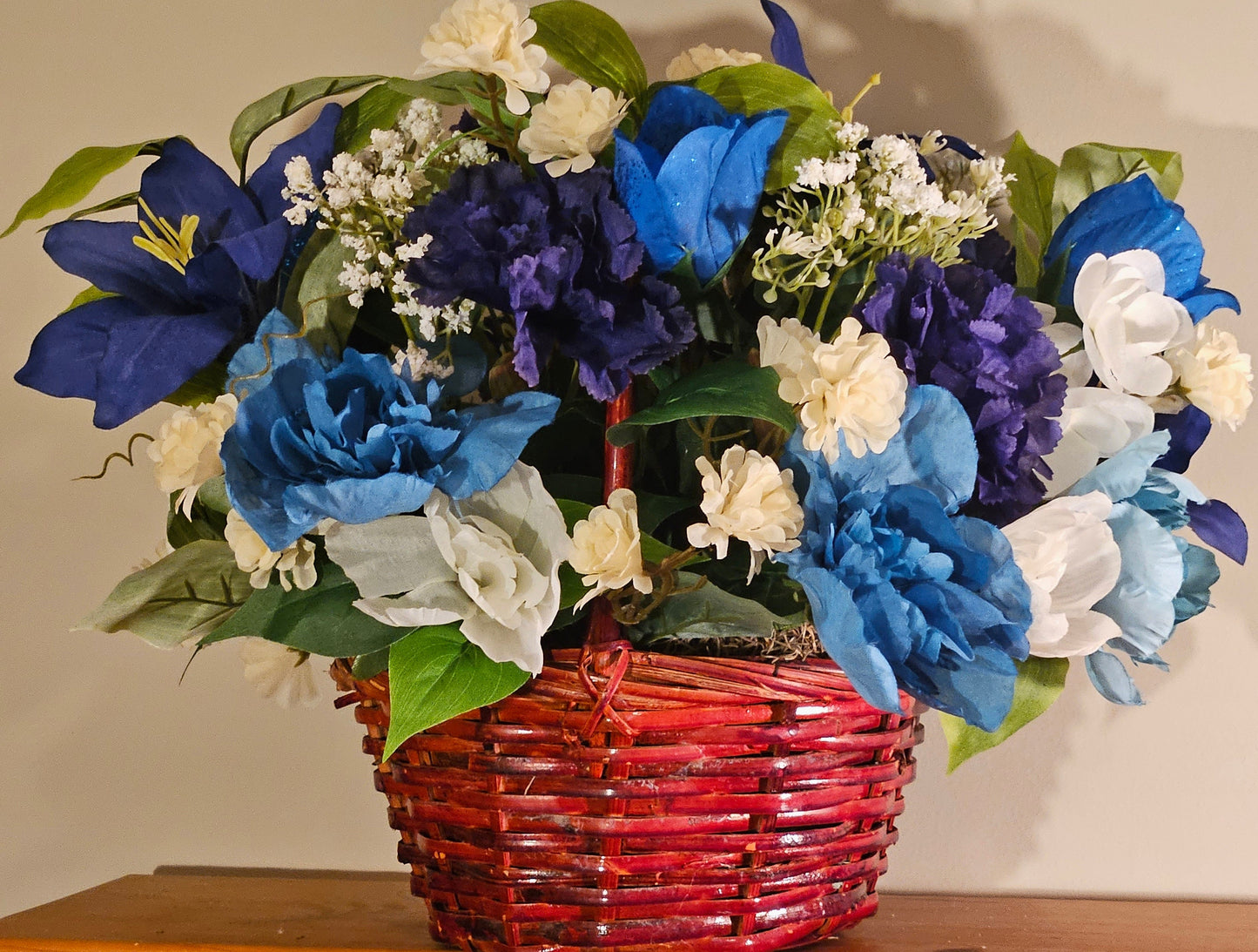 Charming Blue Artificial Flower Basket, Silk Floral Decor, White Accents, Unique Gift for Her, Wedding Decor