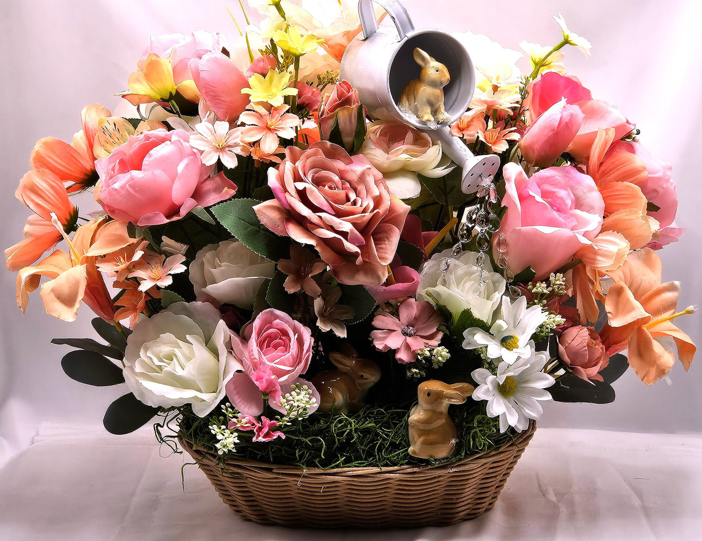 Oval Basket Flower Arrangement, Watering Can, Roses, Wildflowers, Bunnies, Housewarming Gift, Gift for Her