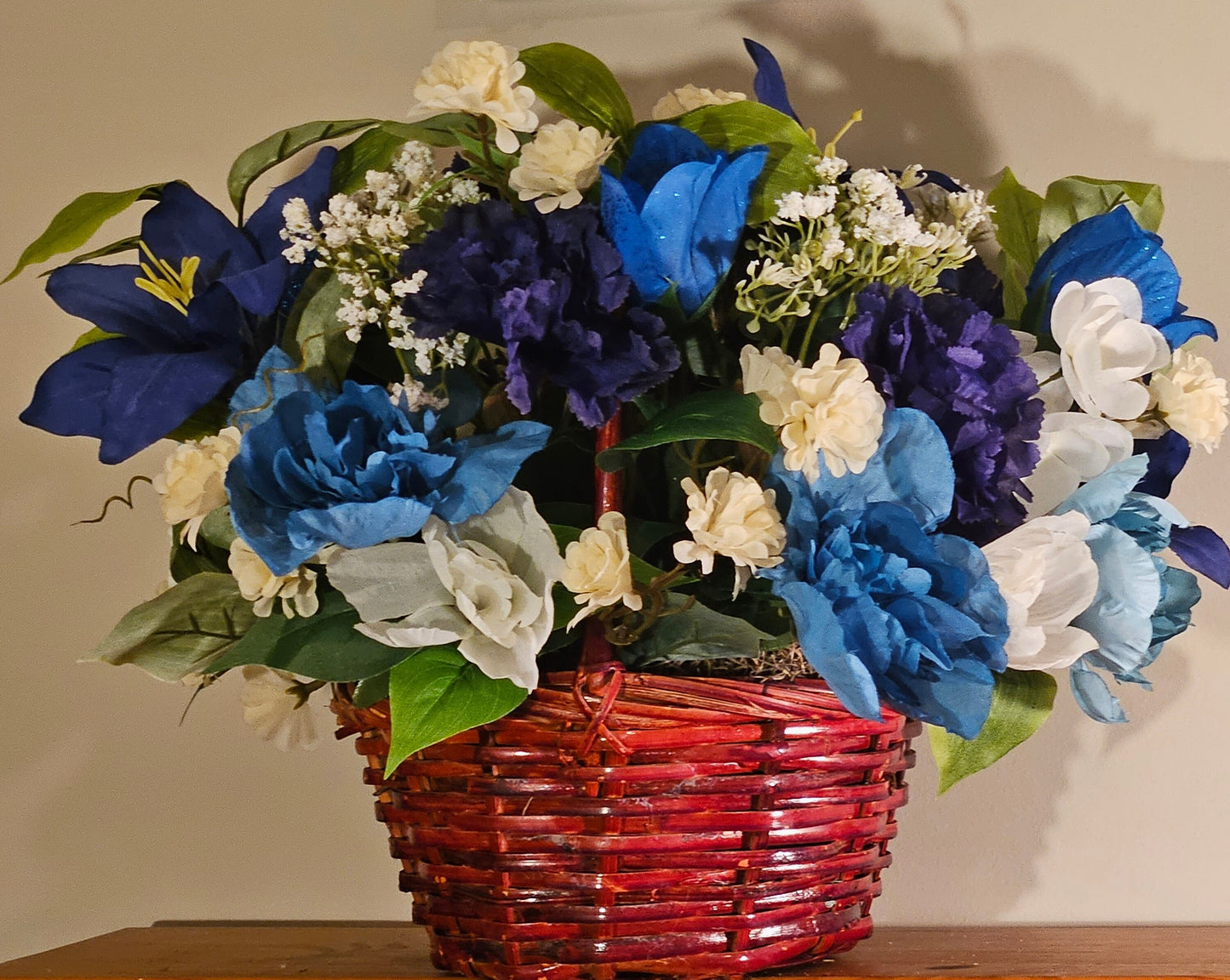 Charming Blue Artificial Flower Basket, Silk Floral Decor, White Accents, Unique Gift for Her, Wedding Decor
